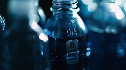 Sticker - Close-up on a plastic identification code on a bottle, focus on number and recycling symbol, sharp, indoor lighting. 