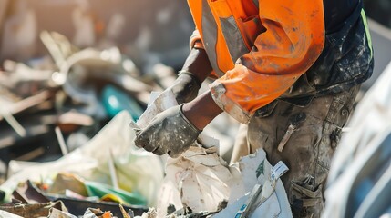 Poster - Close-up of a construction worker sorting reusable materials, sharp focus on hands and materials, bright daylight.