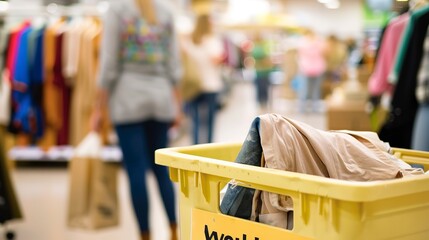 Sticker - Close view of a bin labeled for textile collection at a retail store, focus on signage, blurred shoppers in background