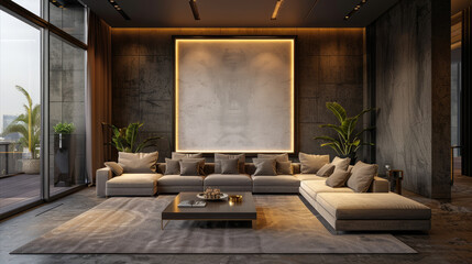 Wall Mural - Elegant living room showcasing a frame mockup on a dark wall, elegant furniture, beige carpet, and ambient lighting in a cozy 3D render, ideal for sophisticated modern home interiors.