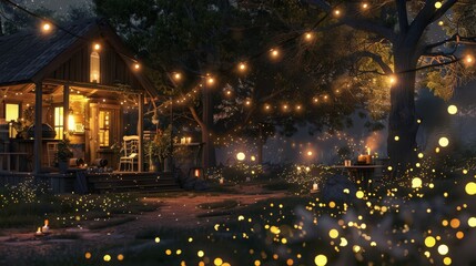 Canvas Print - The soft glow of fireflies adds a touch of magic to a cozy backyard gathering under the night sky