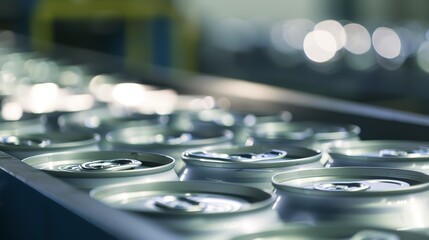 Poster - Close view of aluminum cans being processed on a conveyor belt, focus on movement and texture, bright factory light.