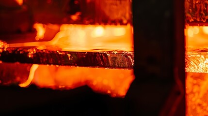 Wall Mural - Macro of a recycling facility's furnace door with glass being melted inside, focus on glowing heat, dim, red light. 