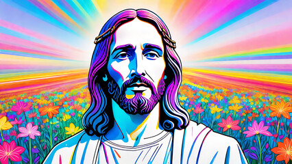 Neon Sketch of Jesus Christ on white background with copy space in Rainbow Flower Field Staring Intensely at Camera, blur background
