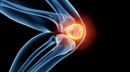 Wall Mural -  3D X-ray of a human knee with a glowing pain spot on the knee joint.