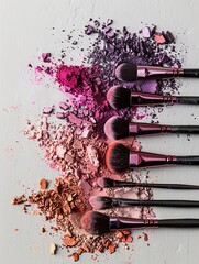 Poster - Makeup brushes with crushed eyeshadows and blushes on a white background. Generative AI