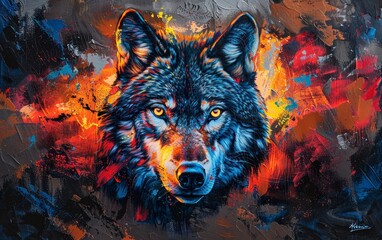 Wall Mural - A detailed, majestic wolf with a mystical glow, captured in an intense and fiery setting, its eyes emitting a fierce, neon light, surrounded by vibrant and dynamic colours in a contemporary artwork