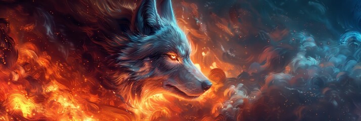 Wall Mural - An artistic, colourful depiction of a wolf with a glowing, neon mane, its intense gaze fixed in a fierce stare, set against a smoky, fiery background with vibrant contrasts and detailed fantasy