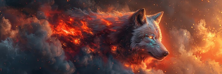 Wall Mural - An artistic, colourful depiction of a wolf with a glowing, neon mane, its intense gaze fixed in a fierce stare, set against a smoky, fiery background with vibrant contrasts and detailed fantasy