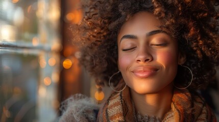 Serene woman with curly hair enjoying a calm moment with the sunlight softly illuminating her face and closed eyes