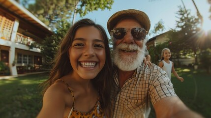 A cheerful older man with a beard and girl taking a smiling selfie in a garden