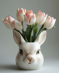 Wall Mural - a ceramic bunny head with pink flowers