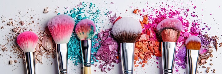 Poster - An artistic arrangement of makeup brushes coated in colorful eyeshadow and blush, set against a clean white backdrop. Generative AI