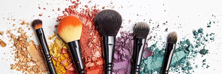 Poster - A close-up photo showcasing makeup brushes covered in various vibrant shades of eyeshadow and blush, artistically arranged against a white backdrop. Generative AI