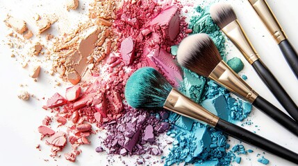 Poster - Close-up of makeup brushes covered in colorful eyeshadow and blush. Generative AI