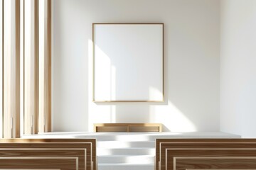 A white room with a wooden bench and a white wall with a picture frame