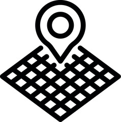 Poster - Black and white vector illustration of a location pin on a structured grid, symbolizing map and navigation