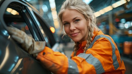 Wall Mural - Confident female mechanic in safety gear smiling as she prepares to work on a car in a garage