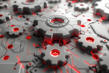 Aufkleber - 3d illustration of abstract technology background with cogwheels and red lights