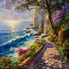 Poster - A beautiful painting of a beach with a path leading to the water