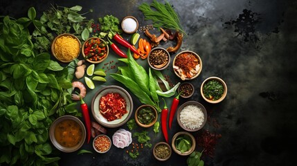 Authentic vietnamese and thai ingredients arranged on rustic stone surface - top view


