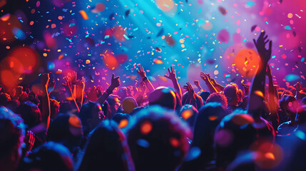 People are seen from behind dancing and waving their hands in the air at a festival or concert, with colorful lights and a party atmosphere