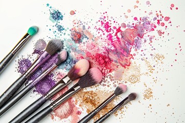 Poster - A close-up shot of various makeup brushes arranged on a white background, covered with colorful eyeshadow and blush. Generative AI
