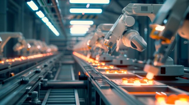 Synthetic food production line, automated machines, precise assembly, and a sleek, industrial setting