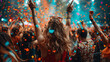 © Dennis - People are seen from behind dancing and waving their hands in the air at a festival or concert, party atmosphere