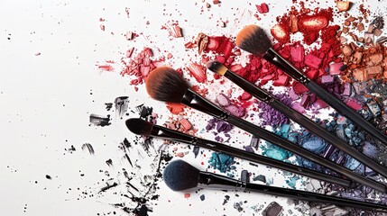 Poster - Five makeup brushes on a white background covered in vibrant eyeshadow and blush. Generative AI