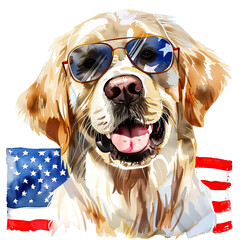 Wall Mural - lovely golden retriever dog with sunglasses and american flag