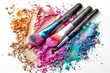 Poster - A close-up of makeup brushes covered in colorful eyeshadow and blush, arranged artistically on a white surface. Generative AI