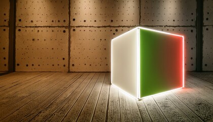 Canvas Print - room with a door, open door with red light, Wallpaper cube with glowing white, green and red light, in a concrete dark room. ideal for branding illustration