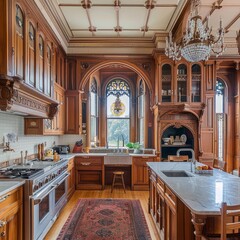 Wall Mural - A large, ornate kitchen with a large window and a chandelier