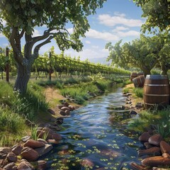 Poster - A beautiful, serene scene of a river with a vineyard in the background