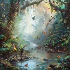 Poster - A painting of a jungle with a river and many butterflies