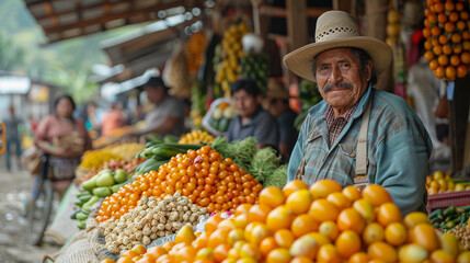 Wall Mural - A man stands in front of a fruit and vegetable stand