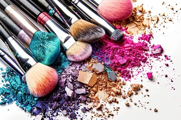 Poster - Close-up photo of makeup brushes covered in vibrant eyeshadow and blush on a white background. Generative AI