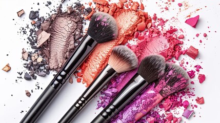 Poster - A close-up shot of makeup brushes covered in various colors of eyeshadow and blush against a white backdrop. Generative AI