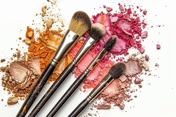Poster - Close-up of makeup brushes with colorful eyeshadow and blush on a white background. Generative AI