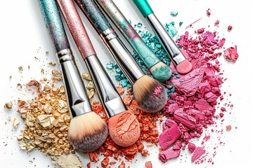 Poster - A close-up shot of several makeup brushes with vibrant eyeshadow and blush on a white background. Generative AI