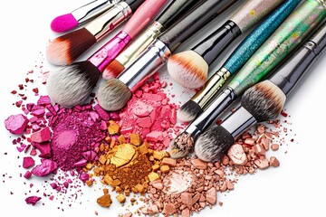Poster - Makeup brushes with colorful eyeshadow and blush powder on a white background. Generative AI