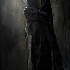 Canvas Print - A woman is wearing a black scarf and standing in a dark forest