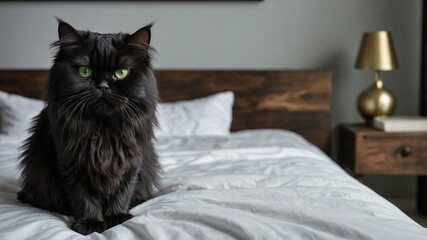 Canvas Print - AI generated illustration of a black cat perches on a messy bed