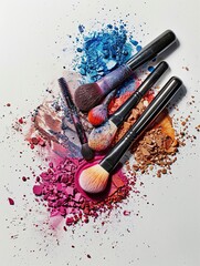 Poster - Close-up image of several makeup brushes on a white surface, covered in colorful eyeshadow and blush. Generative AI