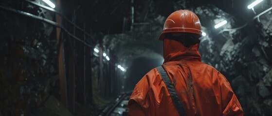 Wall Mural - A miner wearing a hard hat and headlamp is working in a dark mine. wear orange.