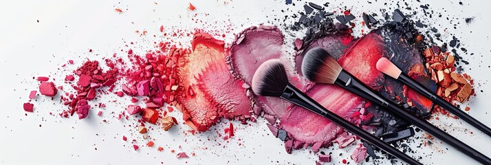 Makeup brushes covered in eyeshadow and blush, artistically arranged on a white background. Generative AI