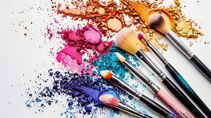 Poster - A close-up image of makeup brushes covered in vibrant eyeshadow and blush against a white backdrop. Generative AI
