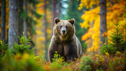 Wild Brown Bear in the autumn forest