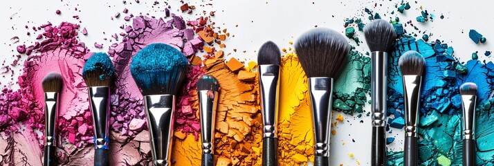 Poster - A collection of various makeup brushes covered in colorful eyeshadow and blush, arranged artistically on a pristine white background. Generative AI